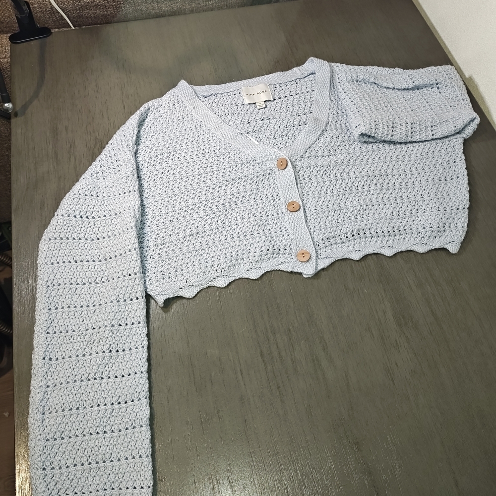 Pink Rose Crop Top Knitted Long Sleeve ,Size Small ,Light Blue Color